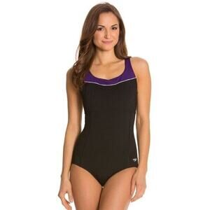 Speedo High Neck Piped One Piece Swimsuit Women’s Sz 8 Black & Blue